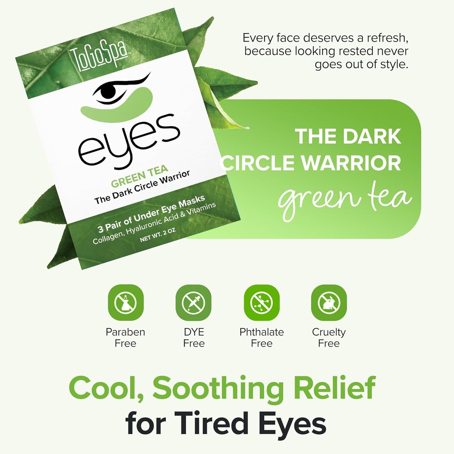 ToGoSpa Green Tea EYES, Dark Circle Warrior | Premium Clean Anti-Aging Gel Pads with Collagen, Hyaluronic Acid, Aloe Vera, Vitamins C & E, Taurine, and Green Tea Extract - 3 Pack