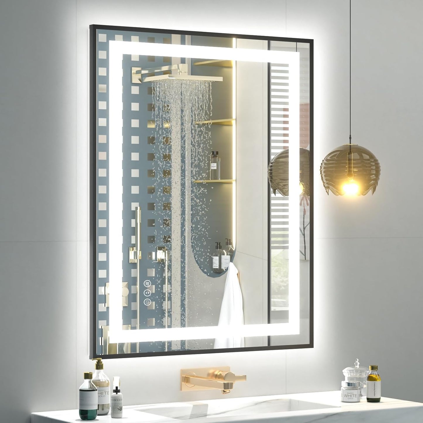 OKPAL 26x36 Black LED Bathroom Mirror with Lights, Frontlit & Backlit Metal Framed Mirror, Lighted Bathroom Vanity Mirror, Anti-Fog, Dimmable 3 Colors, Shatterproof, Horizontal/Vertical