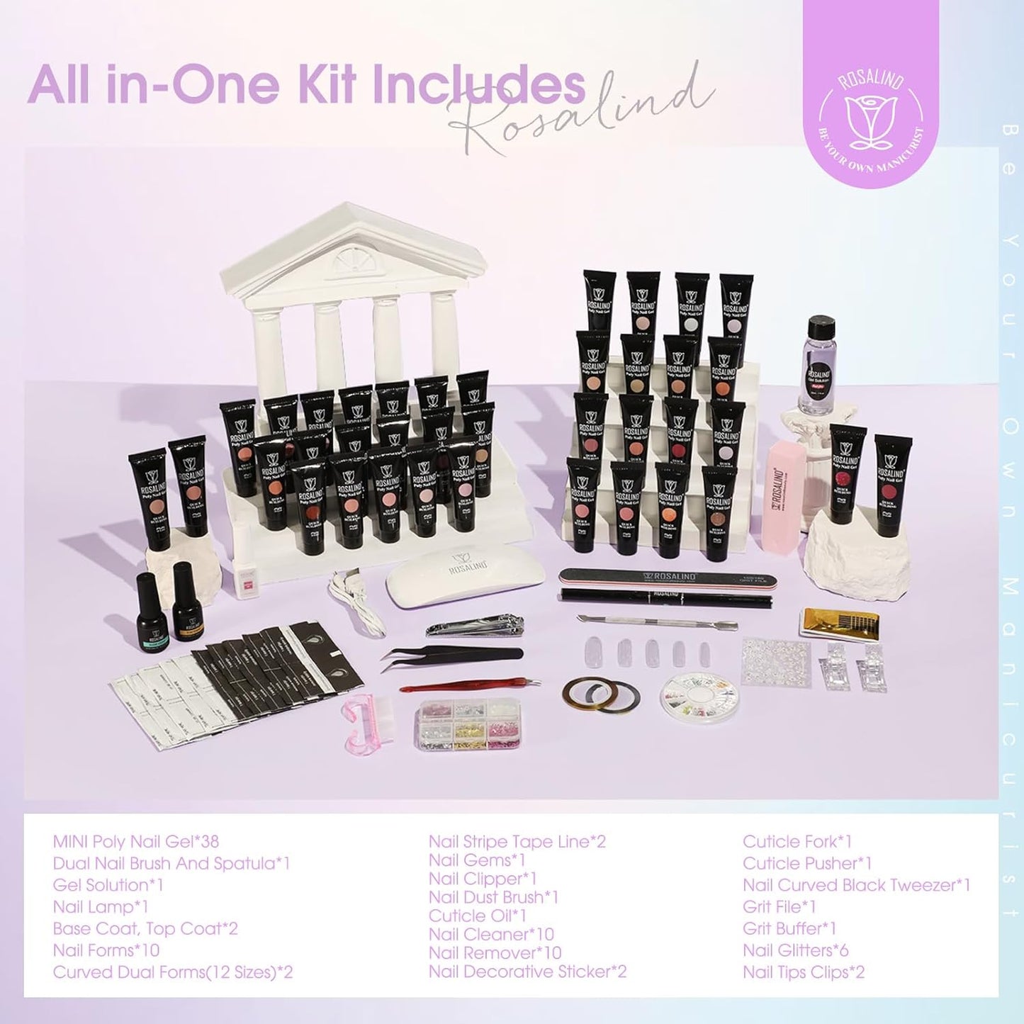 ROSALIND 38 Colors Color Poly Nail Gel Colors Kit with Mini Nail Lamp Clear Neon Poly Nail Gel Starter Kit for Beginners Halloween All Seasons Classic Colors with Everything