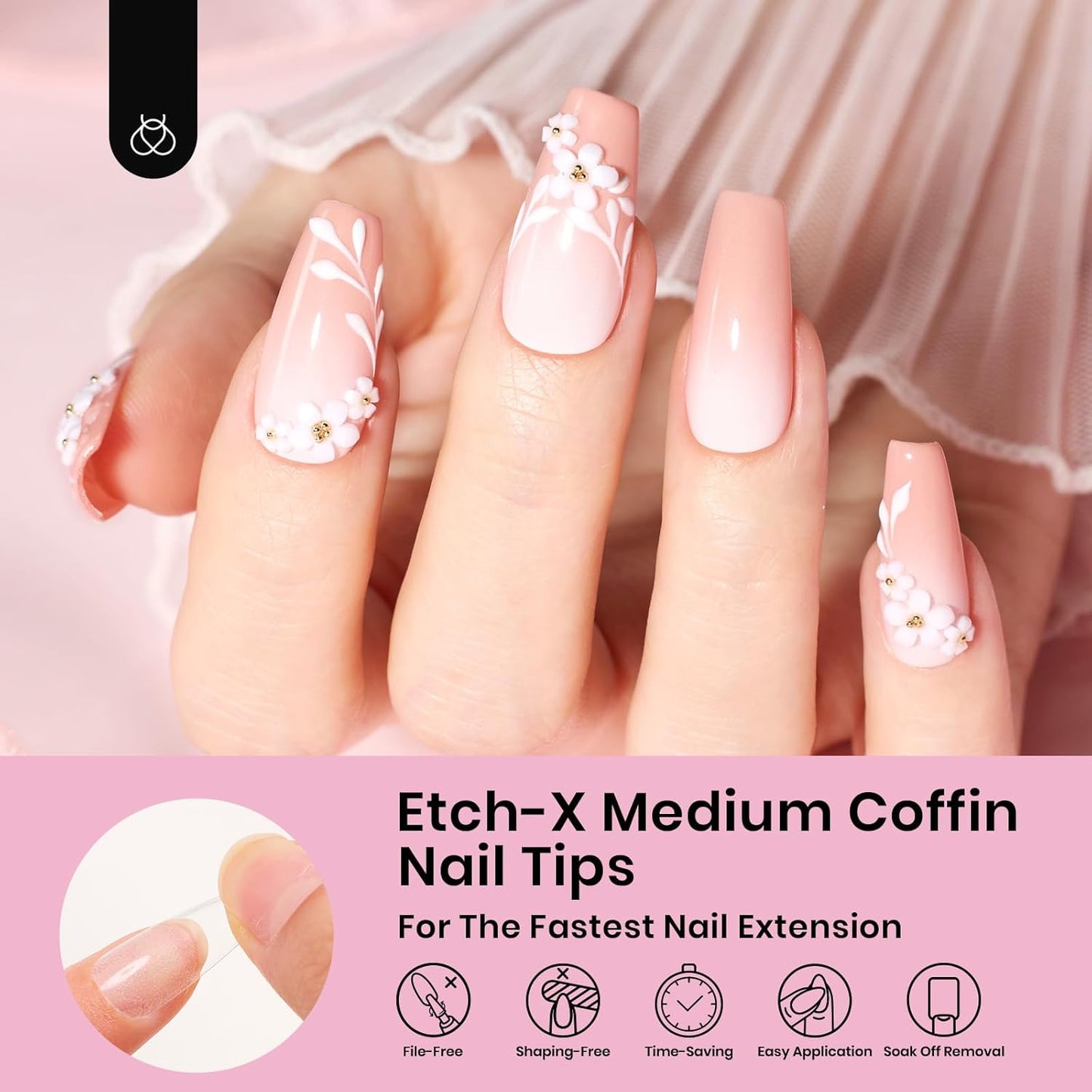 Beetles Gel Nail Tips Medium Coffin 576PCS Etch X Nail Tips, 12 Sizes Pre Shaped Half Matte Press On Nails Full Cover False Nails Acrylic Nails Glue on Nails Extensions Set for Women Home DIY