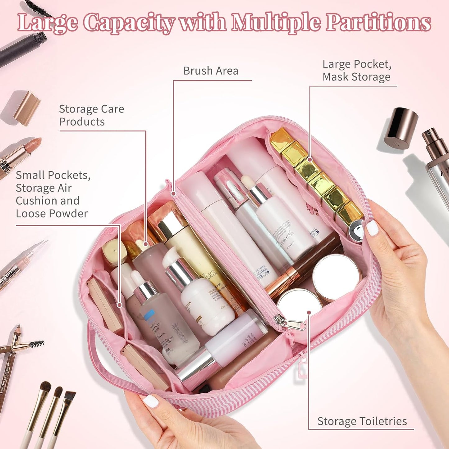 Travel Makeup Bag for Women, 2Pcs Portable Personalized Initial Makeup Organizer Bag, Open Flat Large Cosmetic Bag With Travel Essential Pouch (Pink Letter L)