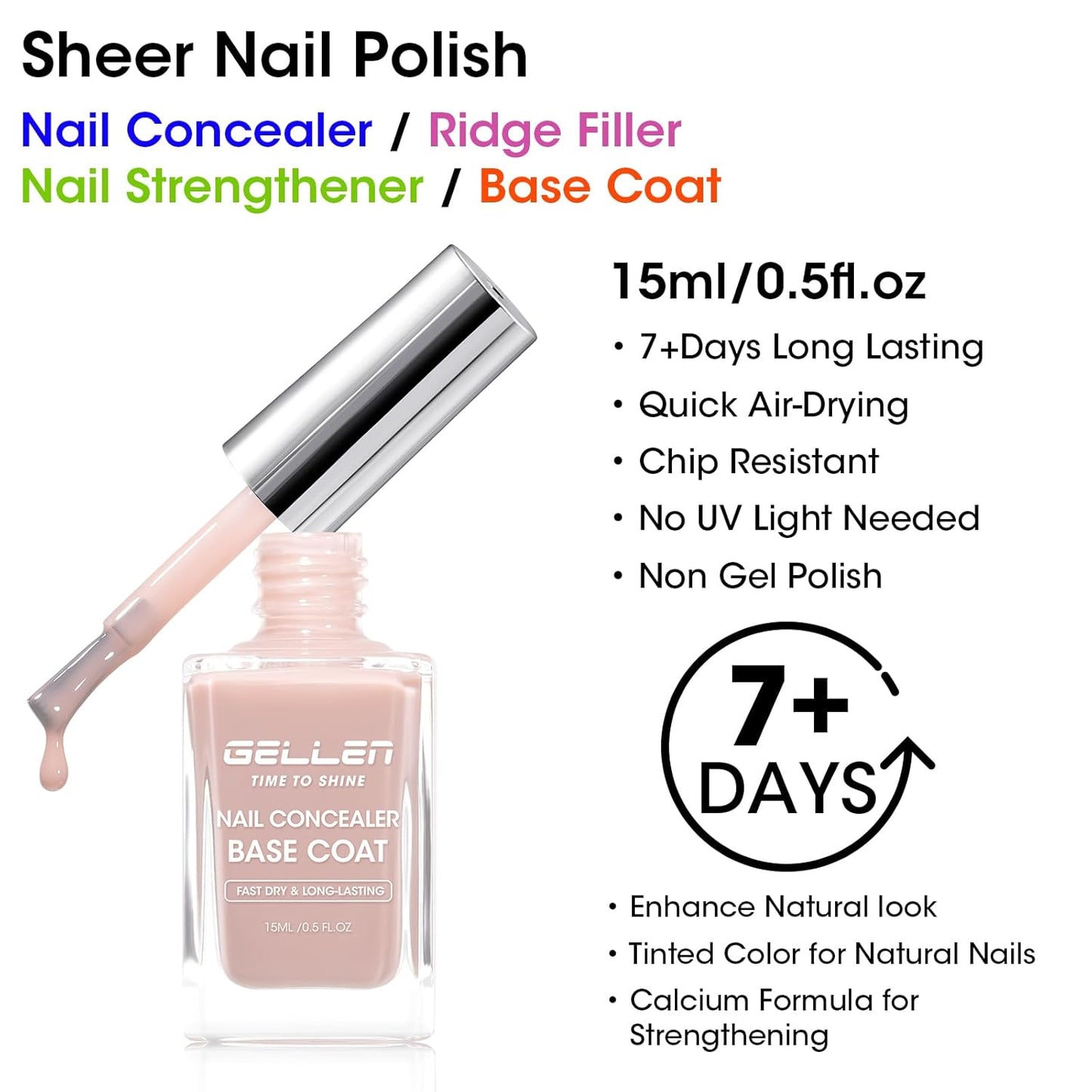 GELLEN 4-In-1 Nude Illuminating Nail Concealer Base Coat Polish Neutral Earth Tones, Sheer Nail Strengthener Ridge Filler for Nails, Smoothes Strengthens Nails, Quick Dry, Hema Free, Non-toxic, Vegan