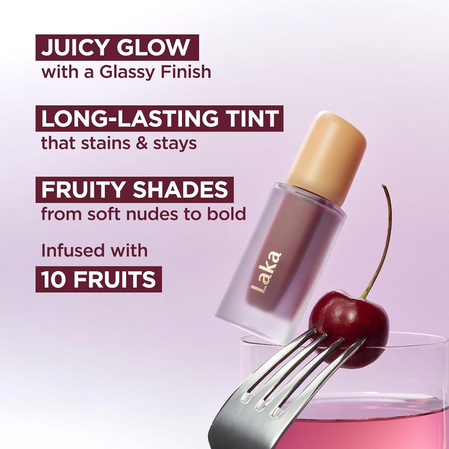 Laka Fruity Glam Tint, 4.5g/0.15 oz., Glowing Lip Stain with Wide Color Spectrum, Hydrating & Lightweight Texture, Long-Lasting Bold Stain, Non-Sticky, Vegan, K-Beauty (#103 Humming)