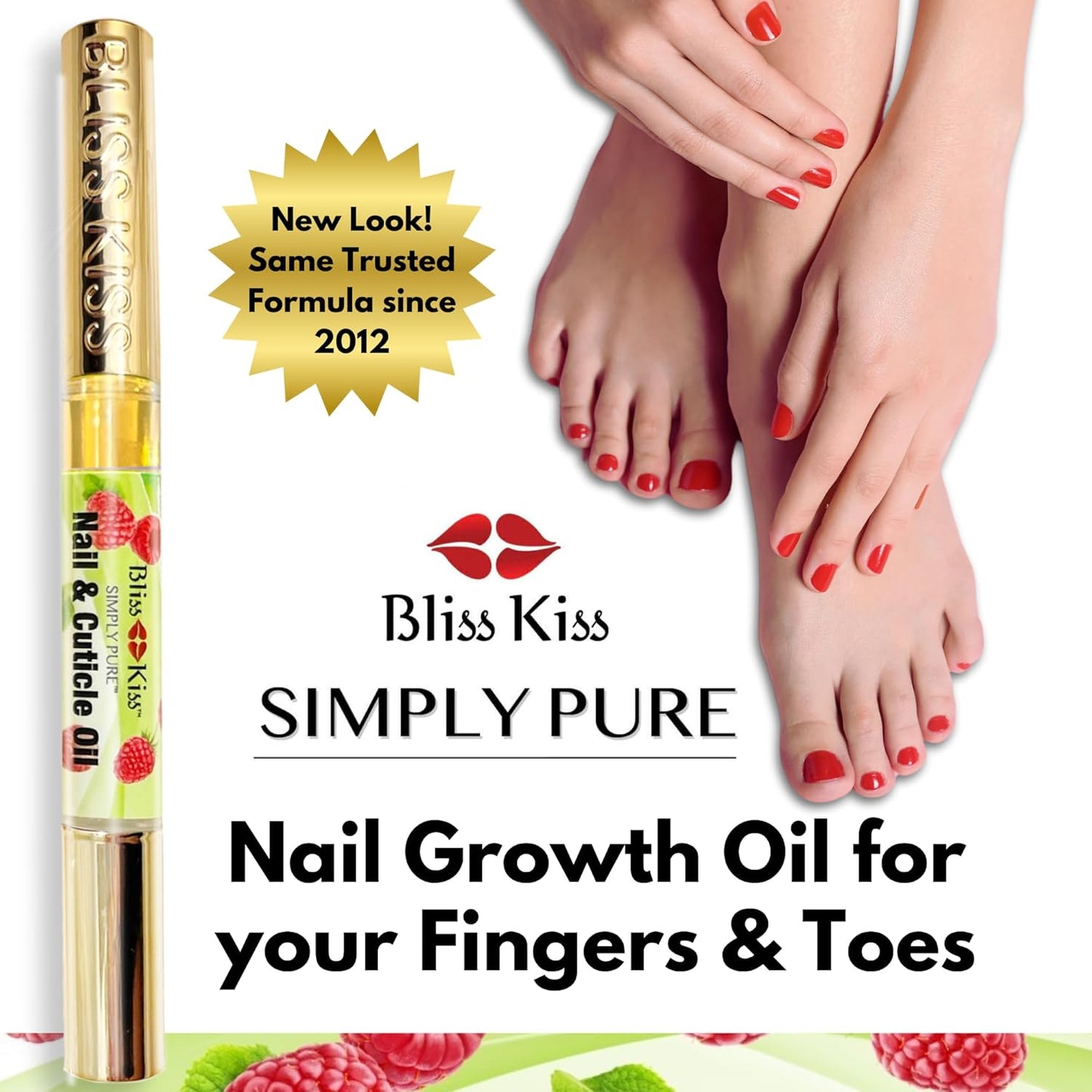 Bliss Kiss | 1 Juicy Raspberry Fragrance | Nail Oil Cuticle Pen w/Vitamin E & Jojoba⏤Nail Strengthener Nail Growth Serum for Brittle Peeling Breaking Thin Nails