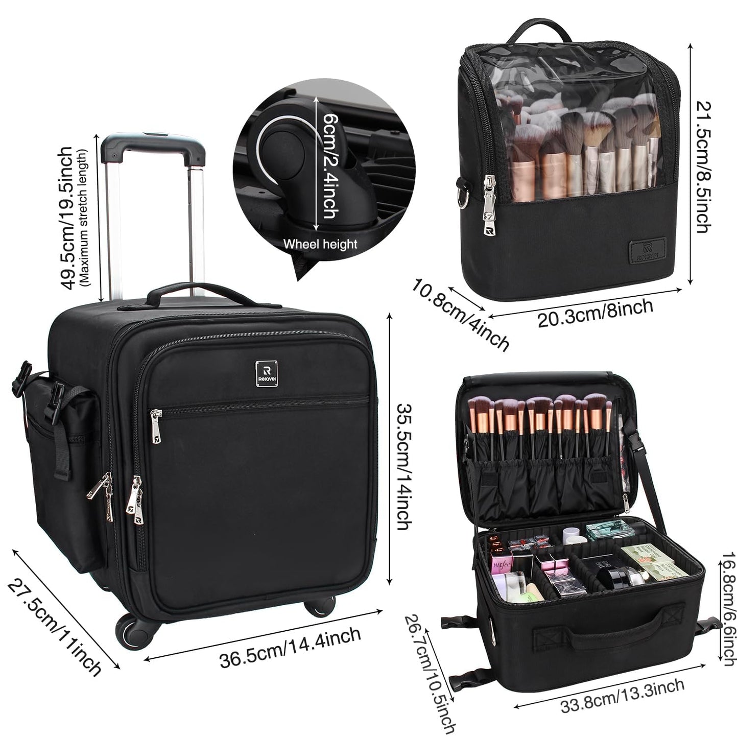 Relavel Rolling Makeup Case Professional Makeup Train Case Makeup Artist Travel Organizer 5 in 1 with Detachable Cosmetic Case and Dual Makeup Brush Case and Wheels (Black, 4-Pack)