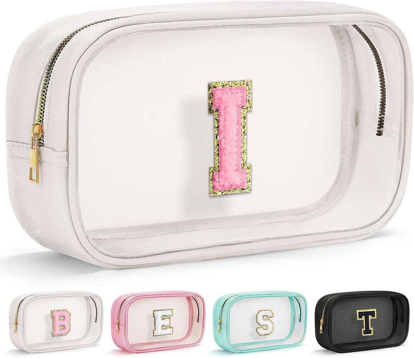 YOOLIFE Initial Make Up Bag Travel Toiletry Bag, Clear Makeup Bag Preppy Cosmetic Bags Organizer Travel Essentials Gifts for Women Teen Girlfriend Teacher Mom Brithday Mothers Day Gifts, Large, White