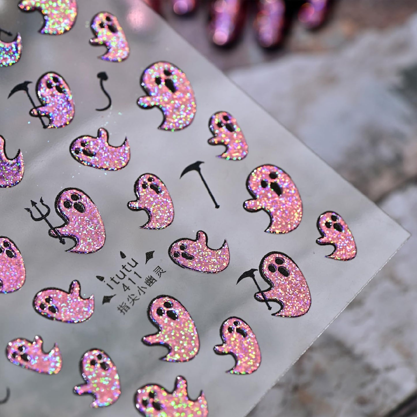 Halloween Nail Stickers for Nail Art Colorful Glitter Pink Cute Ghost Nail Art Stickers 5D Embossed Nail Decals 3D Self-Adhesive Nails Supply Manicure Sliders for Nails Decoration