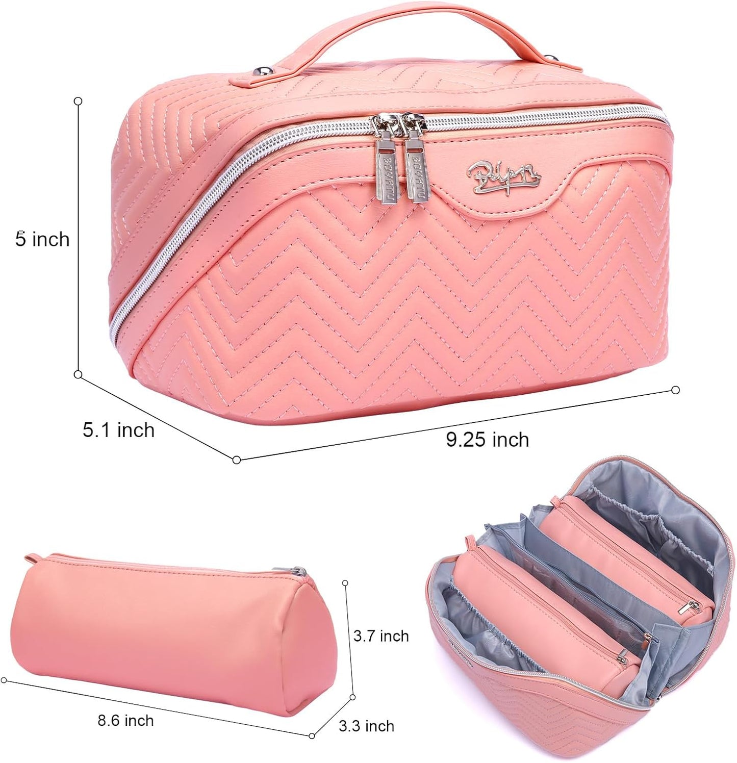 Travel Makeup Bags Cosmetic Organizer Bag: Quilted Make up Bag Set of 3 - PU Leather Toiletry Bags for Women - Portable Makeup Organizer with Compartments & Handle & Divider (14-Pink)