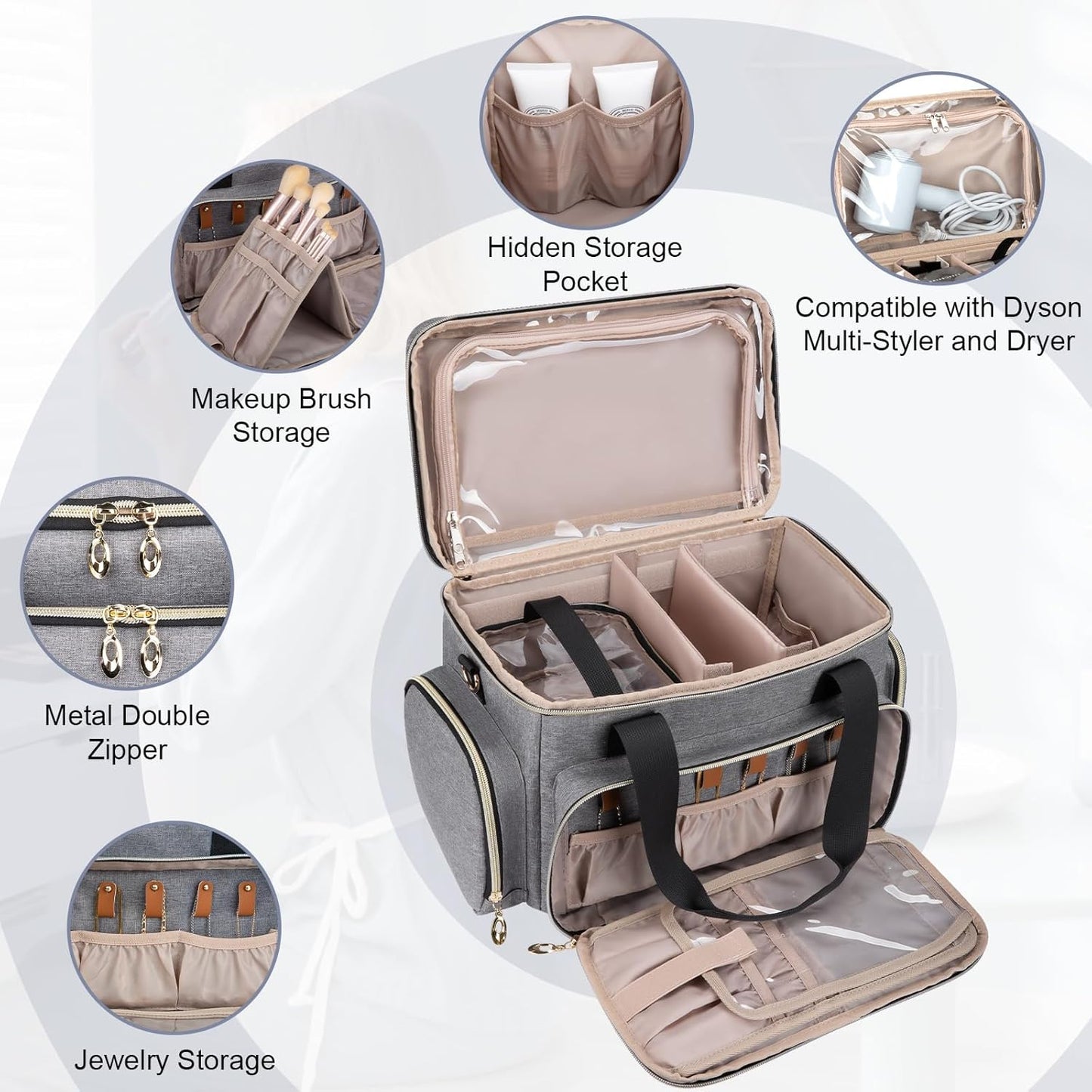 Large Makeup Bag, Portable Travel Makeup Bag Organizer for Women Girls with 2 Removable Pouches & Detachable Dividers, Cosmetic Travel Bag, Toiletry Bag for Makeup and Hair Supplies Grey