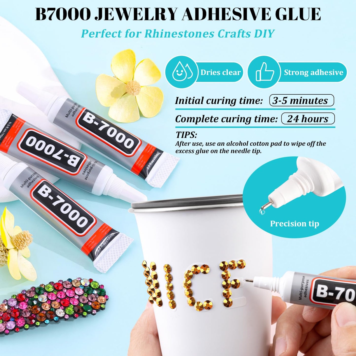6100Pcs Resin Rhinestones for Crafting with 2Pcs 10ml B7000 Jewelry Glue, 1 Box Flatback Crystals Diamond (Gold) for Bedazzling Crafts DIY Nail Art Non Hotfix Gems for Clothing Shoes Tumblers