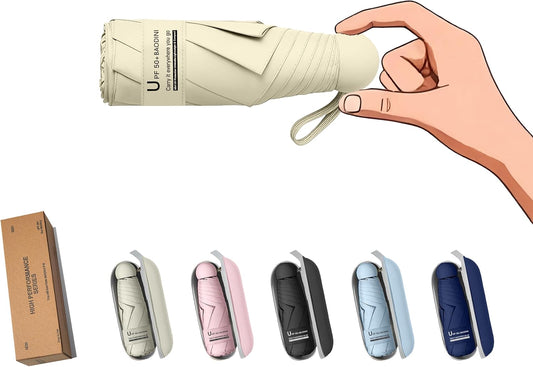 BAODINI Travel Essentials Mini Umbrella for Purse With Case Small Compact UV Sun Protection Lightweight Tiny Pocket Manual Open Close Umbrella for Women Kids and Men Fit Purse Backpack