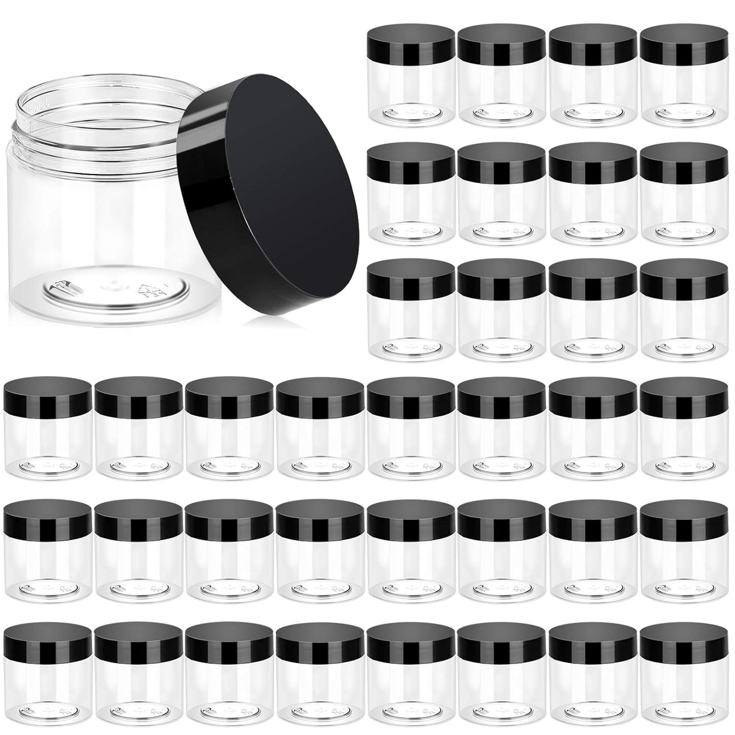 Eternal Moment 36 Pack 2 OZ Plastic Jars Round Clear Cosmetic Container Jars with Lids, Perfect for Lotion, Cream, Ointments, Makeup, Eye Shadow, Rhinestone, Samples, Pot, Travel Storage