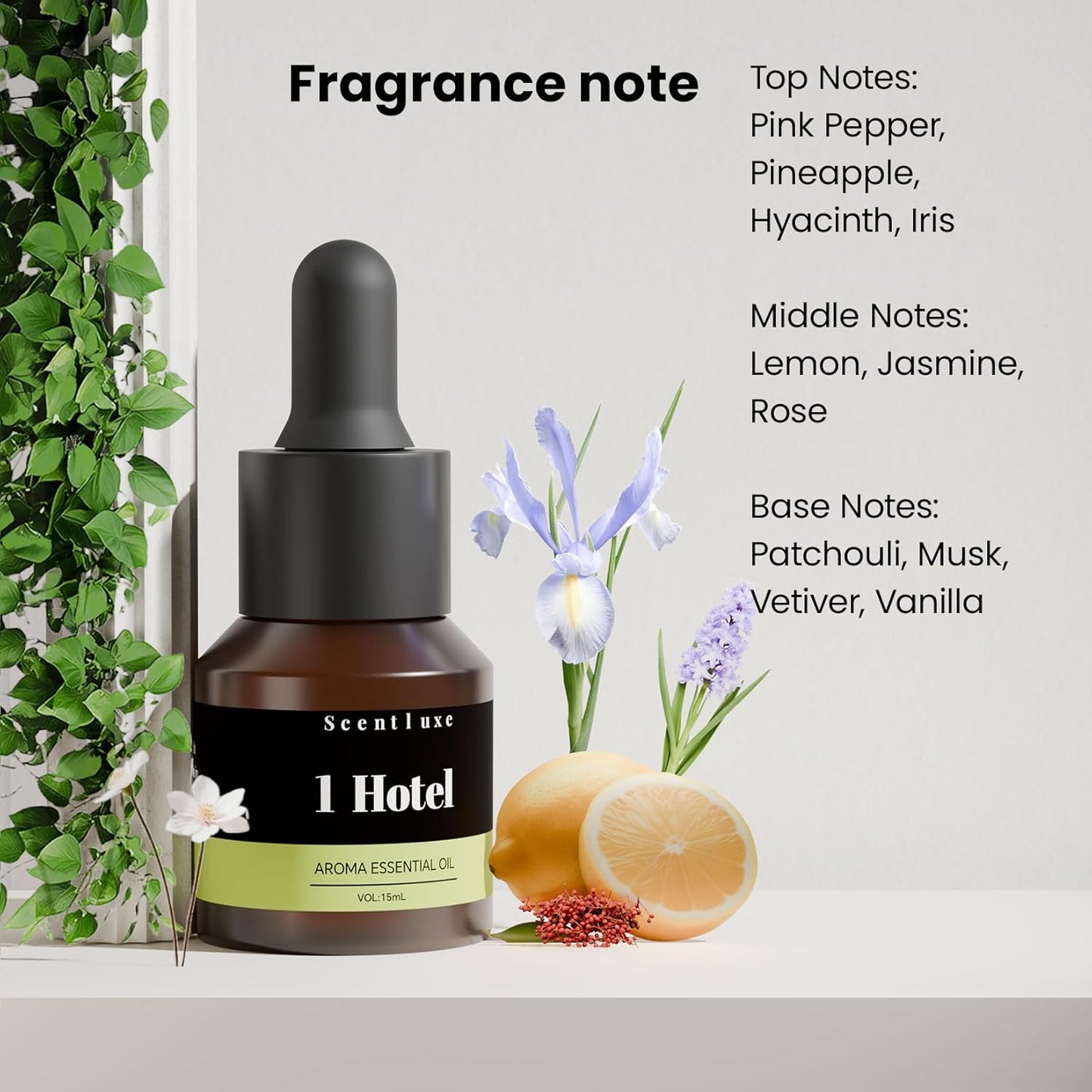 Essential Oil & Aromatherapy Diffuser Oils by The 1 Hotel Scent - Pepper, Lemon, Patchouli Notes. Premium 15mL Glass Dropper Bottle for Ultrasonic/Waterless Diffusers, Crafting 5-Star Hotel Fragrance