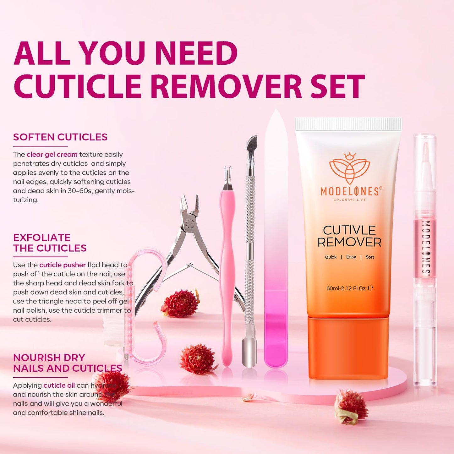 Modelones Cuticle Remover Kit - Cuticle Remover Cream & Cuticle Oil, Cuticle Care Kit w/Cuticle Trimmer Cuticle Pusher & Cuticle Nipper for DIY Nail Manicure, Removedor de Cuticula for Nail Care