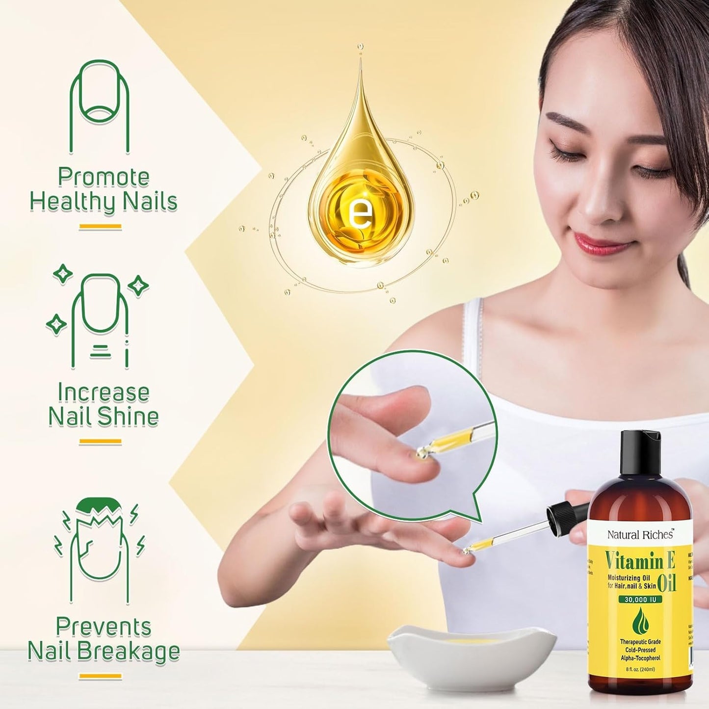 Natural Riches Vitamin E Oil | 100% Pure and Natural Cold Pressed Vitamin E oil for Skin, Scars, Face, Nails, Hair, Scalp 30,000 IU Non-GMO Verified Hair & Body Oil :8 Fl Oz