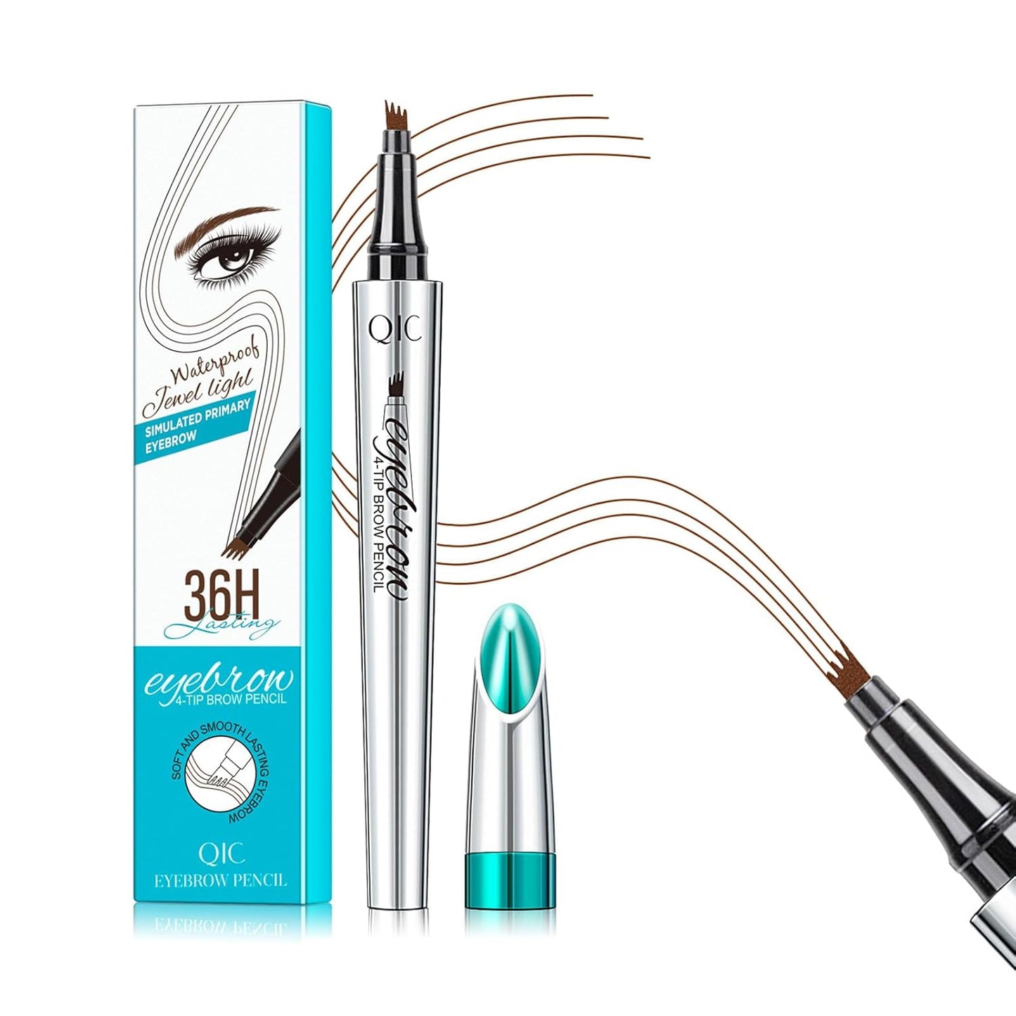 QIC Eyebrow 4 Tip Brow Pencil, Microblading Pen Waterproof Long-Lasting with Upgrade Micro-Fork Tip Applicator for Natural Brows (Reddish Brown-03)