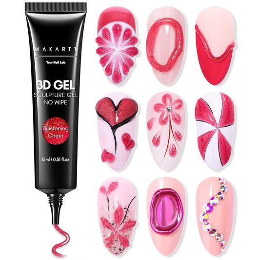 Makartt 3D Gel Nail Art: 3D Sculpting Gel for Nail Art Design 15ml 3 in 1 No Wipe Gel Polish for Drawing Carving Nails Gel, Molding Embossed Gels for Nail Decoration DIY Manicure - Glistening Cheer