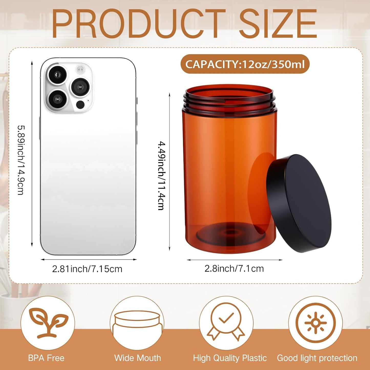 SATINIOR 24 Pieces Empty Clear Plastic Jars with Lids Round Storage Containers Wide Mouth for Beauty Product Cosmetic Cream Lotion Liquid Butter Craft and Food(Amber Lid,12 oz)