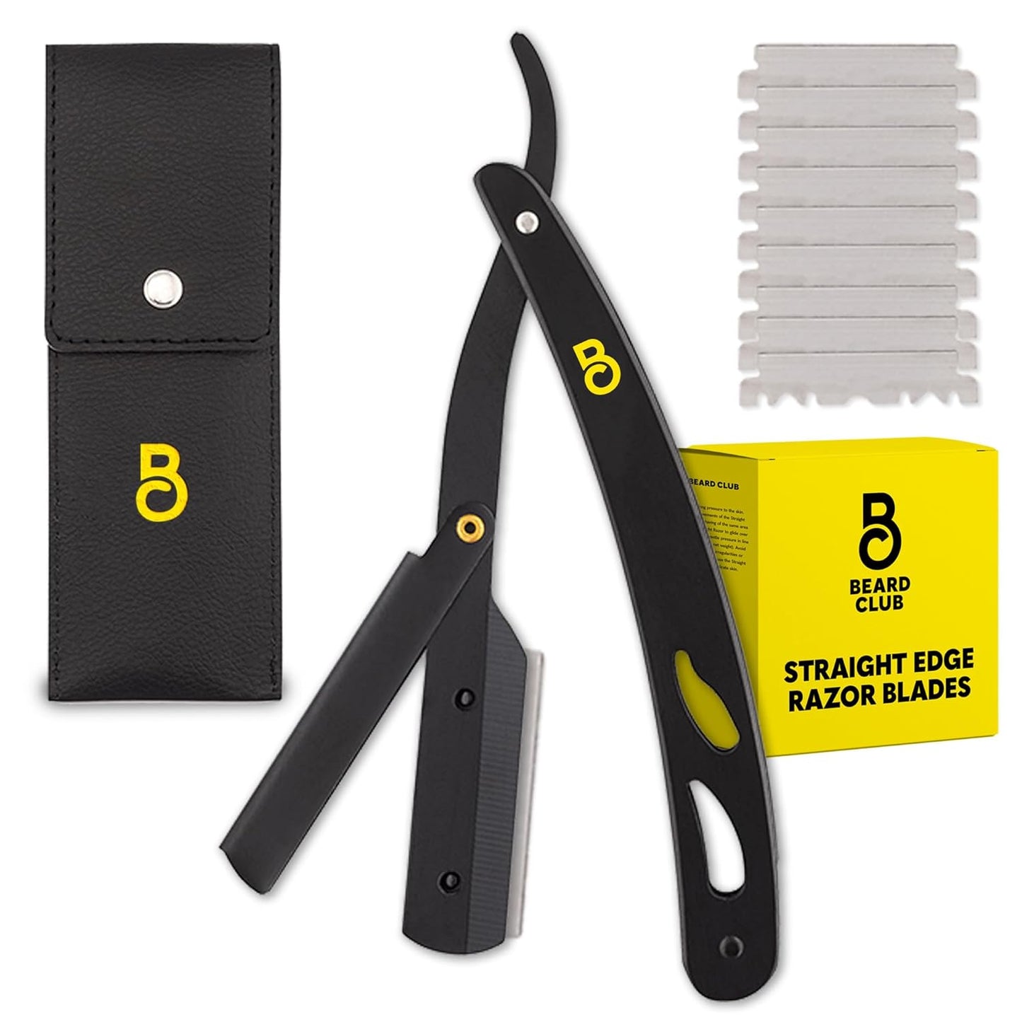 The Beard Club Straight Razor for Men - Navajas Para Barbero - Barber Straight Edge Razor Kit - Premium Single Derby Blade Cutthroat With 10 Replaceable Stainless Steel Blades & Leather Case