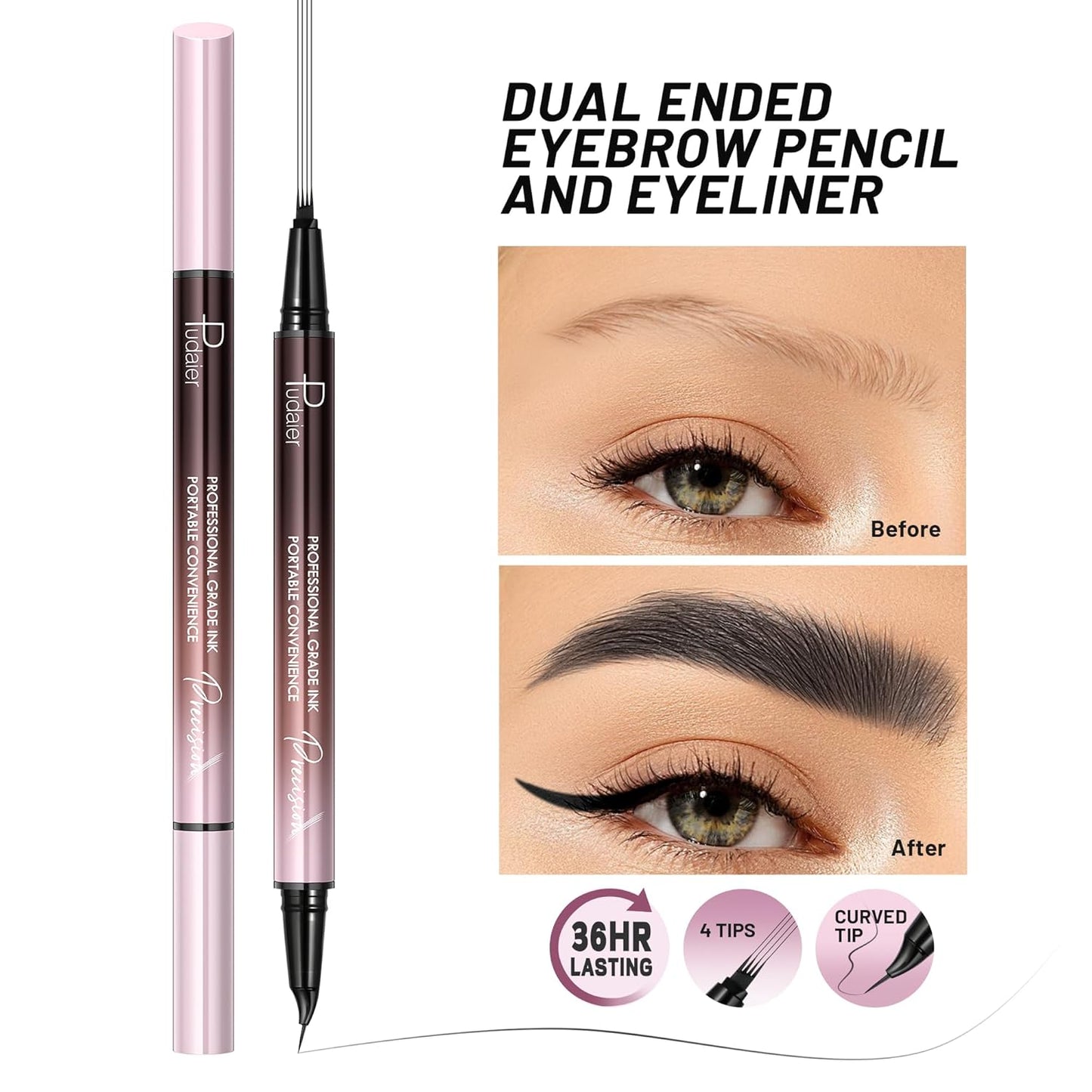 2 Pack Eyebrow Pen, Waterproof Microblading Eyebrow Pencil, 2-in-1 4 Tip Eye Brow Makeup Pen for Women with Precise Curved Brush-Tip Create Natural Hair-Like Brows, Last All-Day (Natural Black)