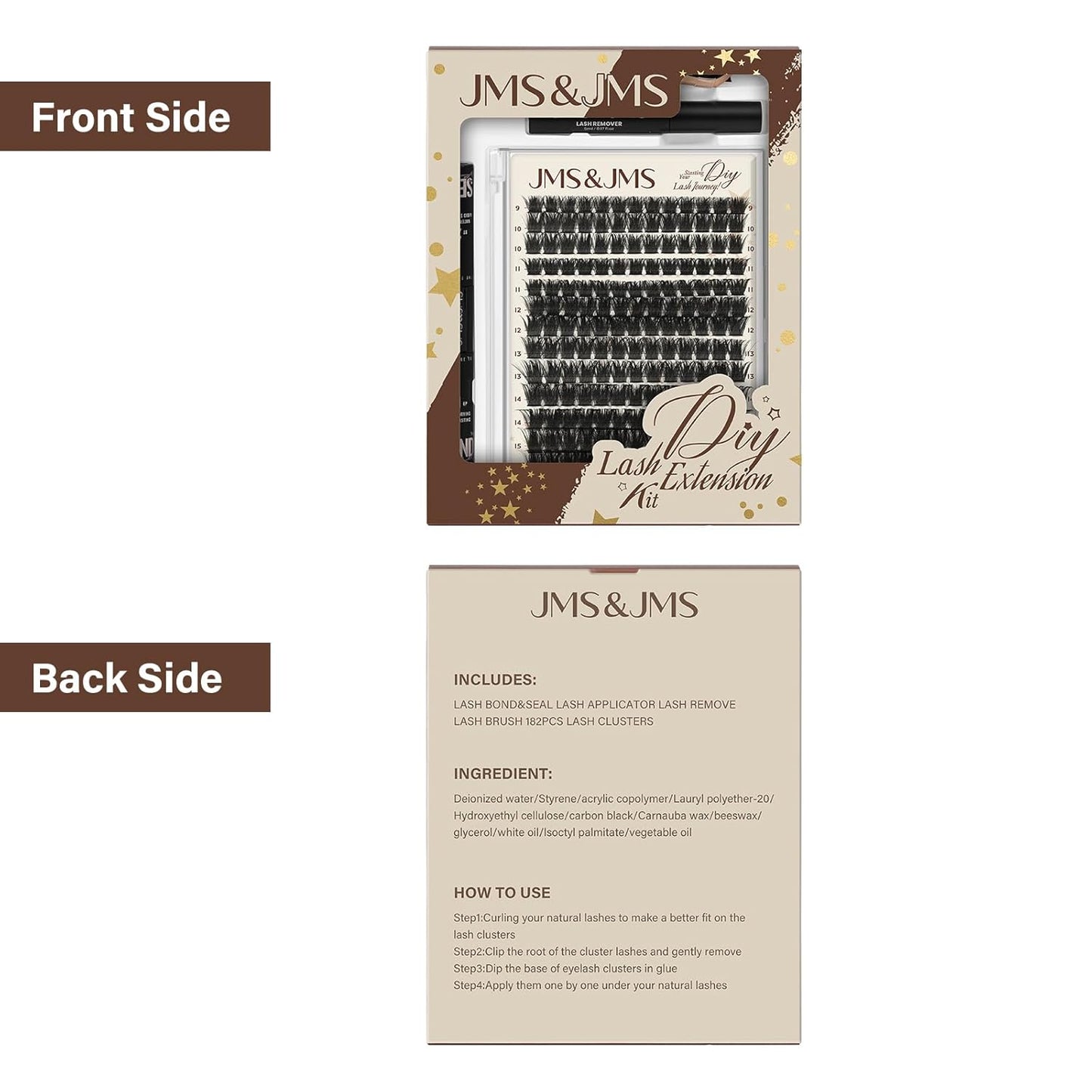 JMS&JMS DIY Lash Extension Kit Lash Clusters Kit 200D D Curl Individual Lashes Eyelash Extension Kit 182pcs Thin Band Cluster Lashes Lash Bond and Seal Tweezers Easy to apply