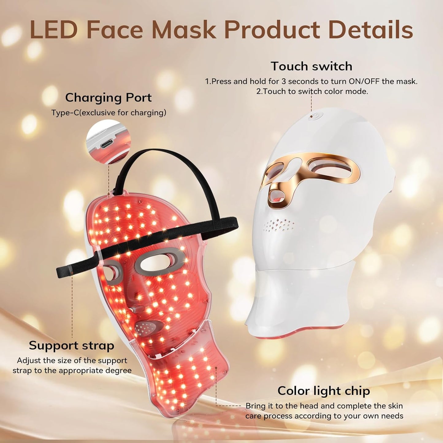 Red Light Therapy Mask for Face,Cordless LED Face Mask Light Therapy,USB C Rechargeable,Infrared Lights Masks for Home Working Travel Yoga Sleep (Amber)