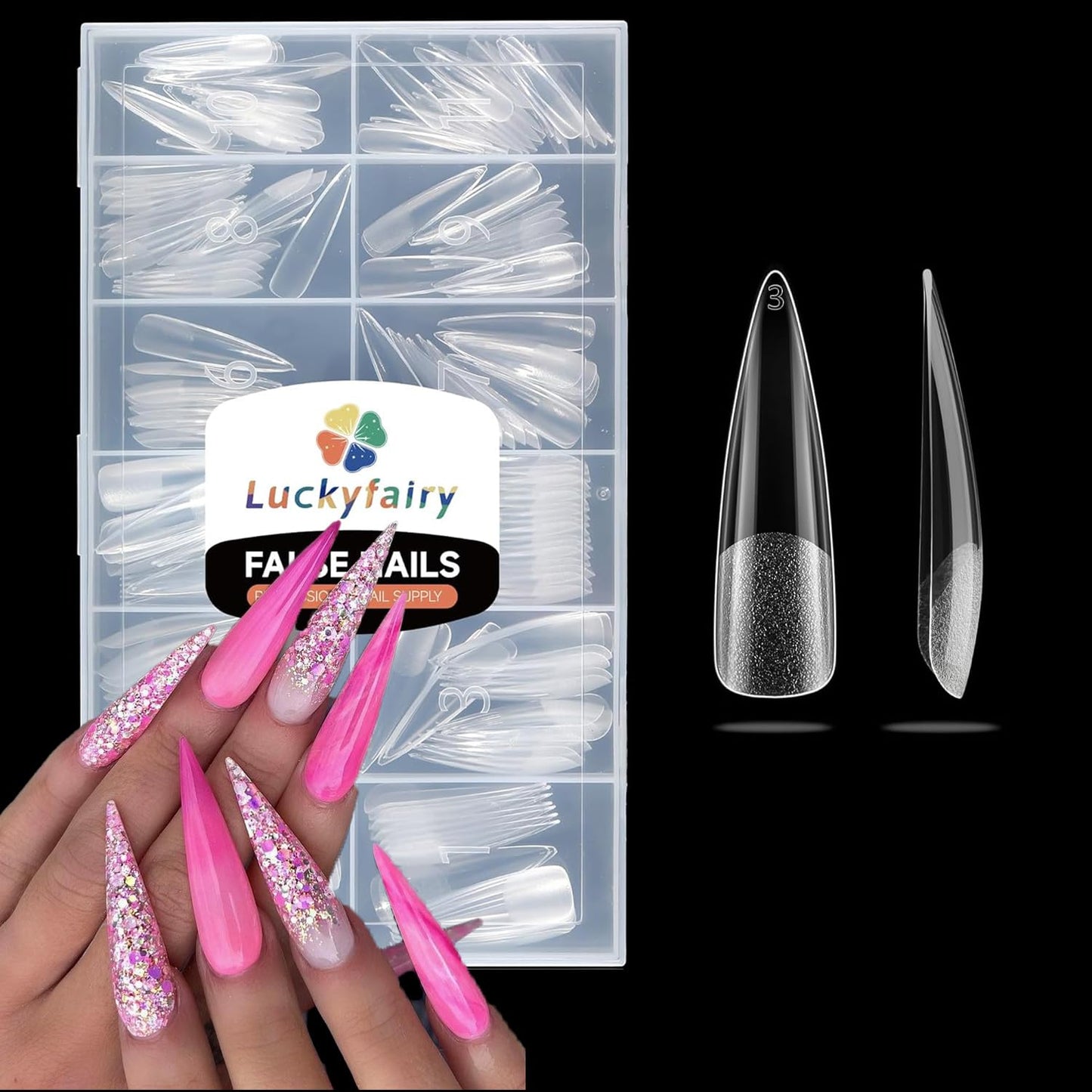 Stiletto Nail Tips Extra Long 240Pcs Pre-shaped Full Cover Fake Nail Tips No Filed Soft Gel Stiletto Acrylic Nails for Soak Off Nail Extension Nail Art DIY 12Sizes