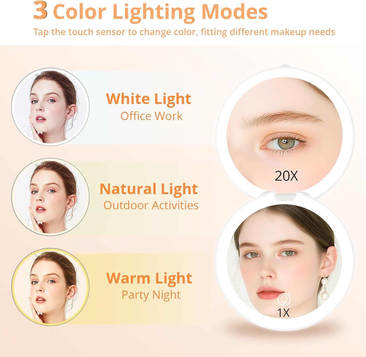 Fabuday Travel Compact Magnifying Makeup Mirror with Lights - Large 4.8'' Wide Led Lighted Portable Mirror with 1x/20x Magnification, Rechargeable Small Foldable 3 Color Lighting Mirrors, White