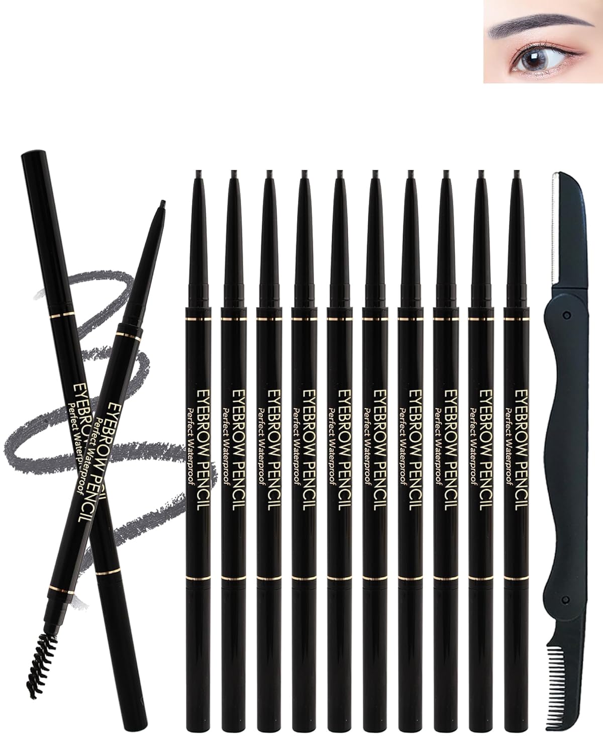 12Pcs Waterproof Gray Eyebrow Pencil Set, Professional Brow Micro Eyebrow Retractable Pencil, Ultra Fine Long Lasting for Perfect Eye Liner Brow Old Women Eye Makeup Shaping & Filling Brow Gel Pen- 04