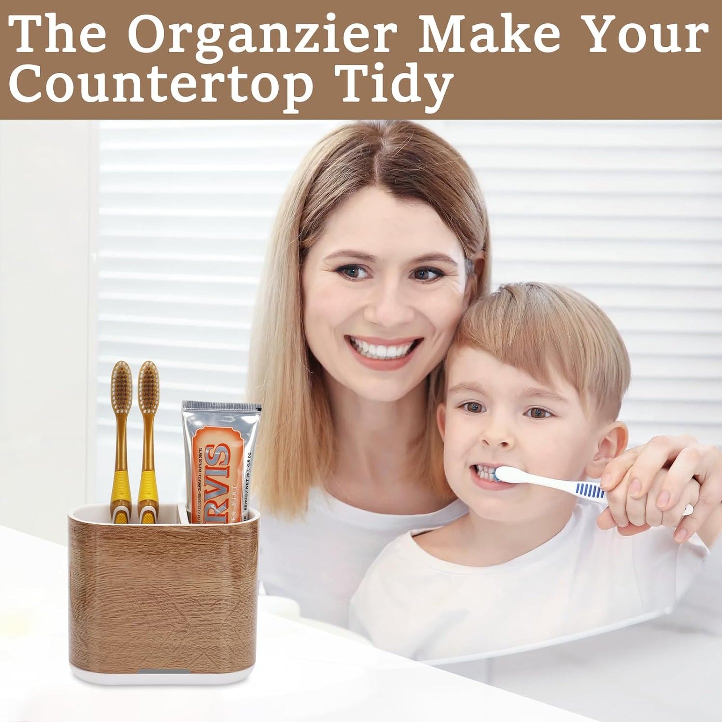 Toothbrush and Toothpaste Holder with Divider for Bathroom Countertop Organizer, 2 Slots Electric Toothbrush Holders Storage Caddy Drainage for Family, Kids(Wood Grain)