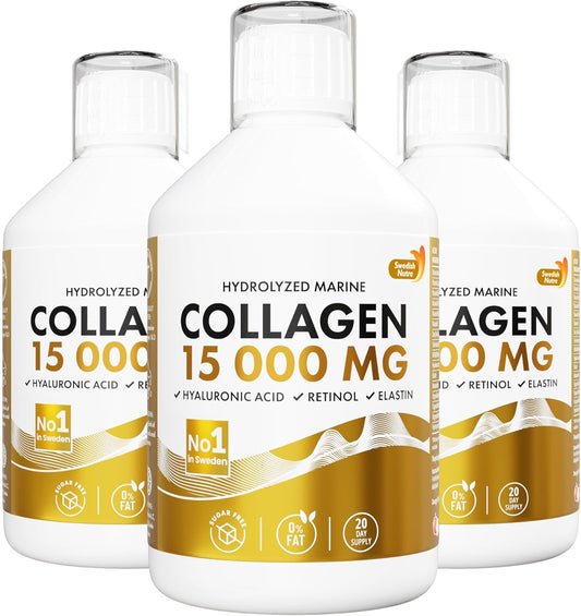 Swedish Nutra - Liquid Marine Collagen 15,000mg - 3 Packs of 500ml I Hydrolyzed Collagen Peptides (Type I & III) I Hyaluronic Acid, Biotin, Vitamin C I Sugar Free- 60 Day Supply