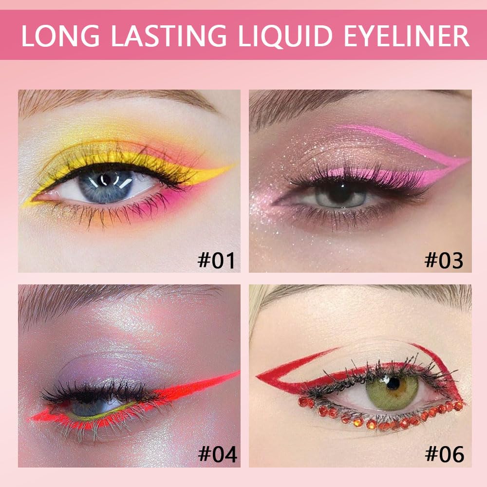 evpct 6Pcs Yellow Red Pink Tomato OrangeRed Brown Liquid Eyeliner Set Waterproof Eye Liners for Women, Eyes Wing Colored Eyeliner delineador de ojos a prueba de agua contra el agua blanco para ojos