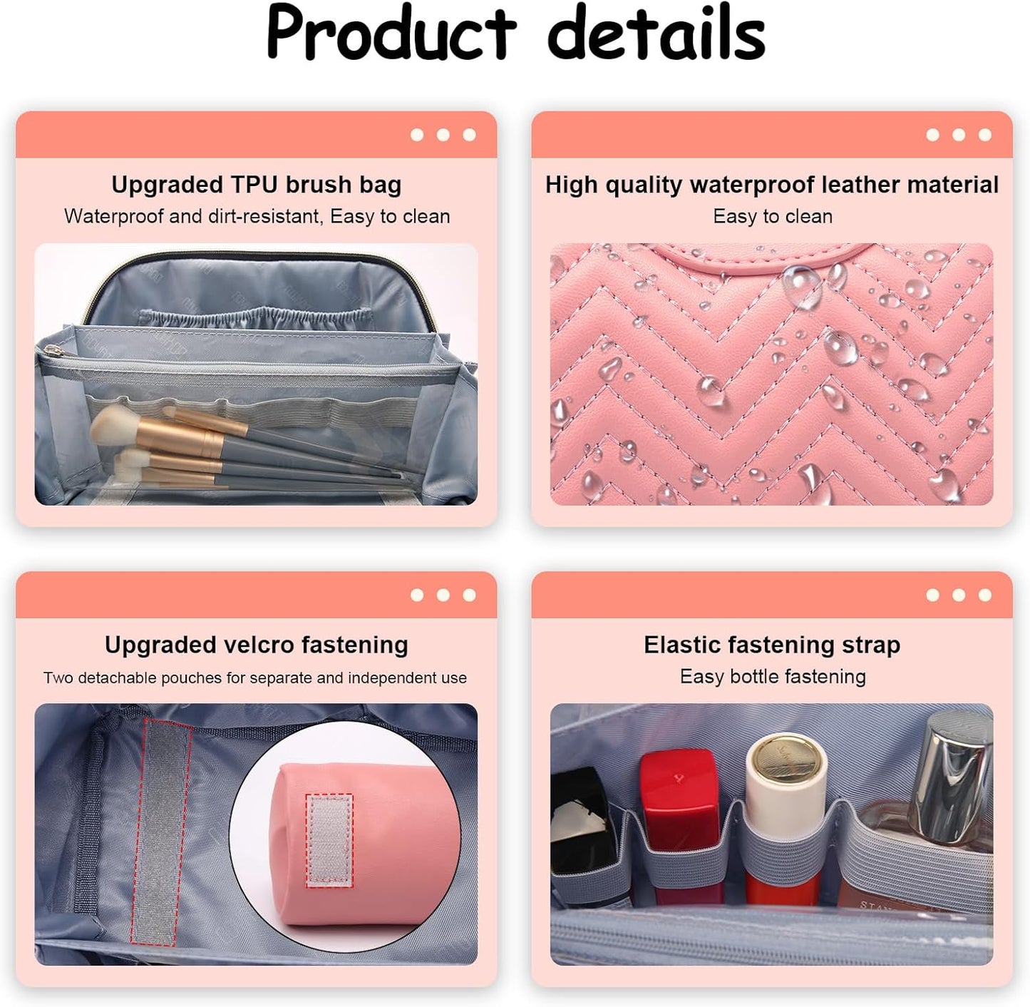 Travel Makeup Bags Cosmetic Organizer Bag: Quilted Make up Bag Set of 3 - PU Leather Toiletry Bags for Women - Portable Makeup Organizer with Compartments & Handle & Divider (14-Pink)