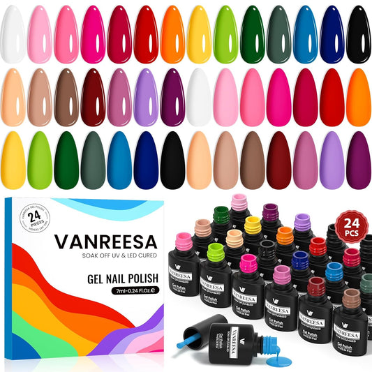 VANREESA 24 Pcs Gel Nail Polish Set, 21 Colors Gel Polish with Base Coat Glossy & Matte Top Coat Pink Red Orange Yellow Green Blue Purple brown Gel Polish Kit Nail Kit Gifts for Women