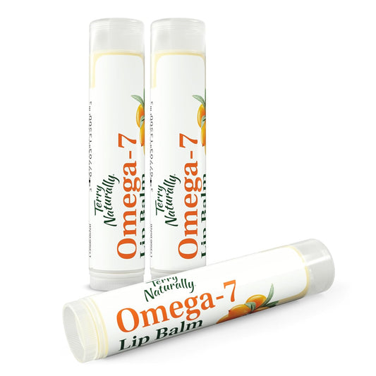 Terry Naturally Omega 7 Lip Balm - Hydrating Lip Care for Dry & Cracked Lips - Moisturizing Lip Balm with Organic Beeswax & Coconut Oil - Sea Buckthorn Seed Oil for Soothing Lip Care - 3 Pack