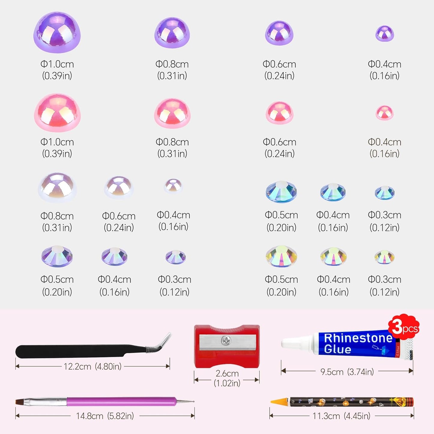 60g Pink White Flat Back Pearls Rhinestones for Crafts Mixed Size 3mm-10mm AB Color Round Half Pearls Flatback Pearl Beads and Resin Rhinestones Set for Face Art