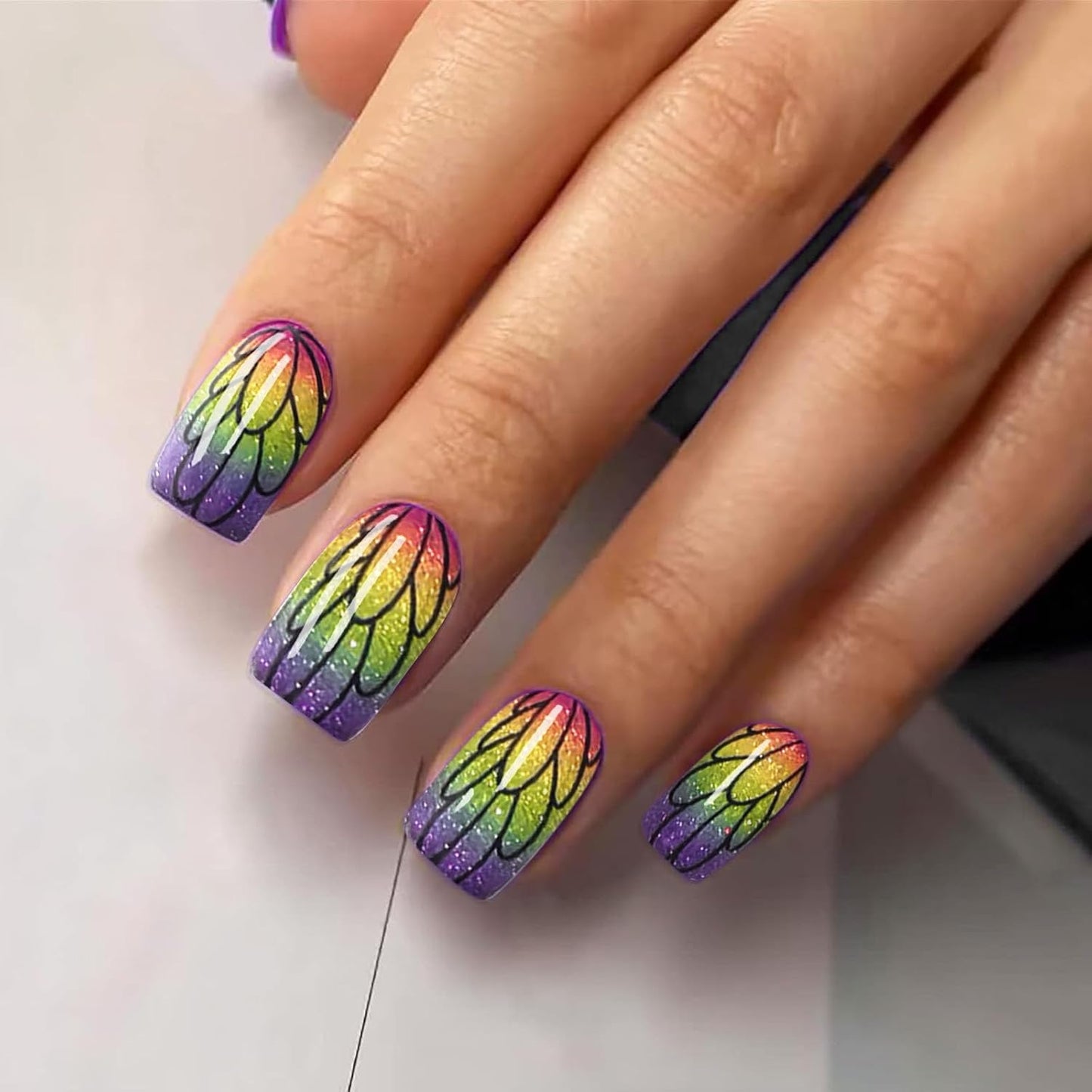 Semi Cured Gel Nail Strips with Glitter Butterfly Designs Colorful Gel nail stickers Salon Quality & Easy to Use for Women 20 Pcs