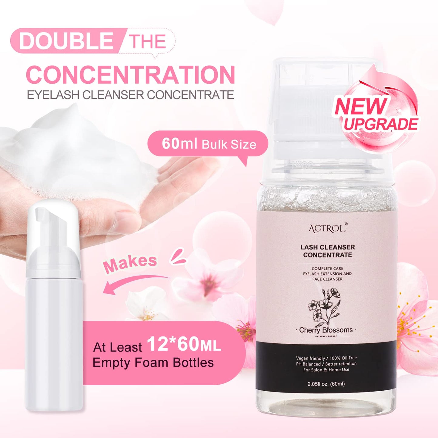 Eyelash Cleanser Concentrate 60ml Cherry Blossom Professional Lash Shampoo Foaming Cleanser DIY Non-lrritating Wash for Extensions Lashes with Salon Home Care-Makes 12 Bottles