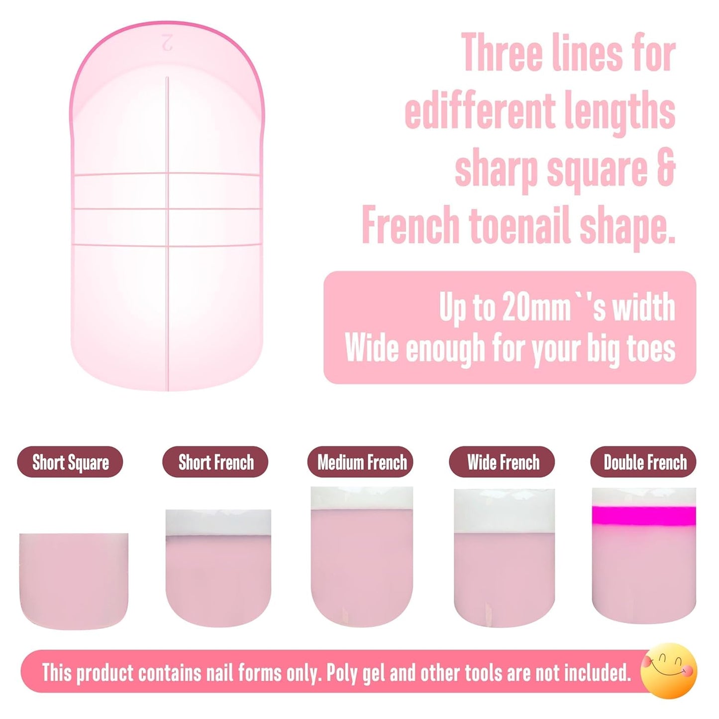 300 Pcs Toe Nail Dual Forms for Poly Gel Toenail Extension, PINK, Reusable Molds for Polygel Buider Hard Gel Acrylic French Tip Toenails, for Nail Art Salon Pedicure & DIY at Home 15 sizes