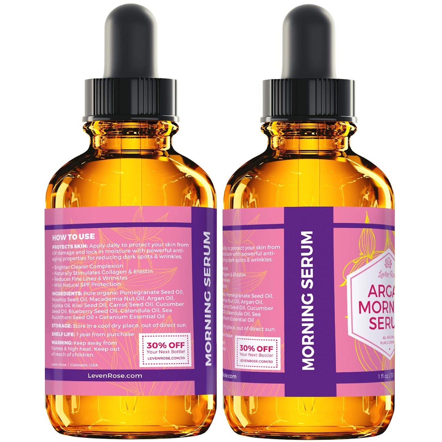 Leven Rose Moroccan Argan Oil Face Serum 1 oz - 100% Organic Hydrating Oil for Women - Anti-Aging Natural Serum for Wrinkles