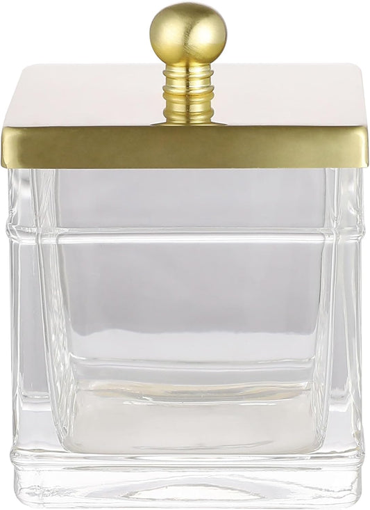 Apothecary Glass Cotton Jar Holder Brushed Gold Stainless Steel Lid, Elegant Bathroom Storage Canister for Qtips, Cotton Balls, Floss, Makeup Organizer, Vanity Bathroom Organization
