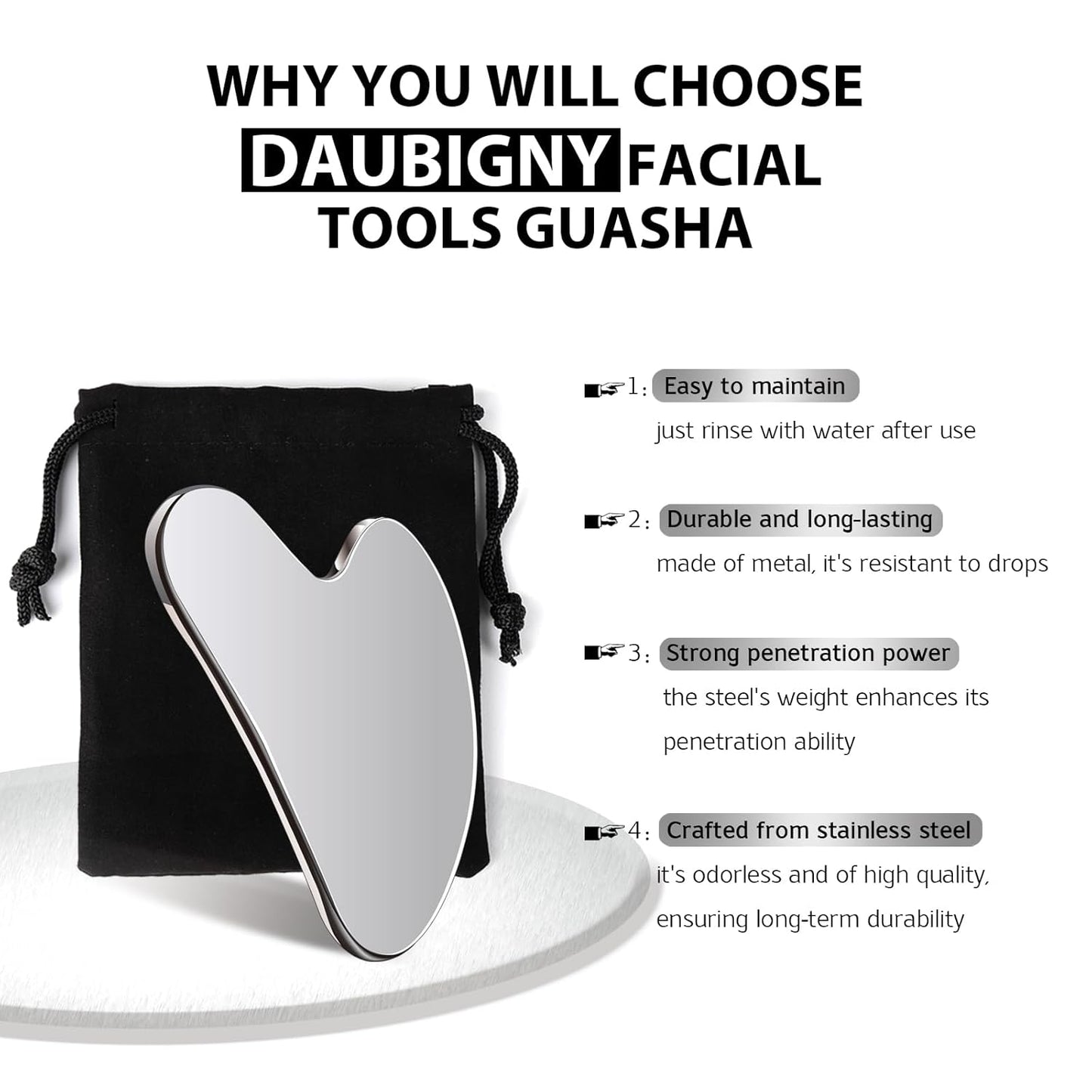 Daubigny Stainless Steel Gua Sha Facial Tools Guasha for Face Metal Gua Sha Tighten Skin Massage Guasha Beauty Tool for Body Eyes Neck Massager with Travel Pouch Skin Care Gifts (Silver)