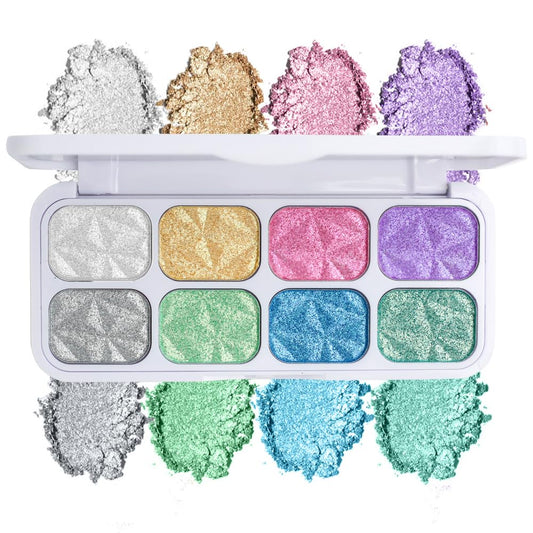 8-Color Highlighter & Contour Palette - Shimmer, Glitter, Iridescent Multichrome Holographic Eyeshadow for Face & Cheek, Purple Rainbow Highlight Makeup