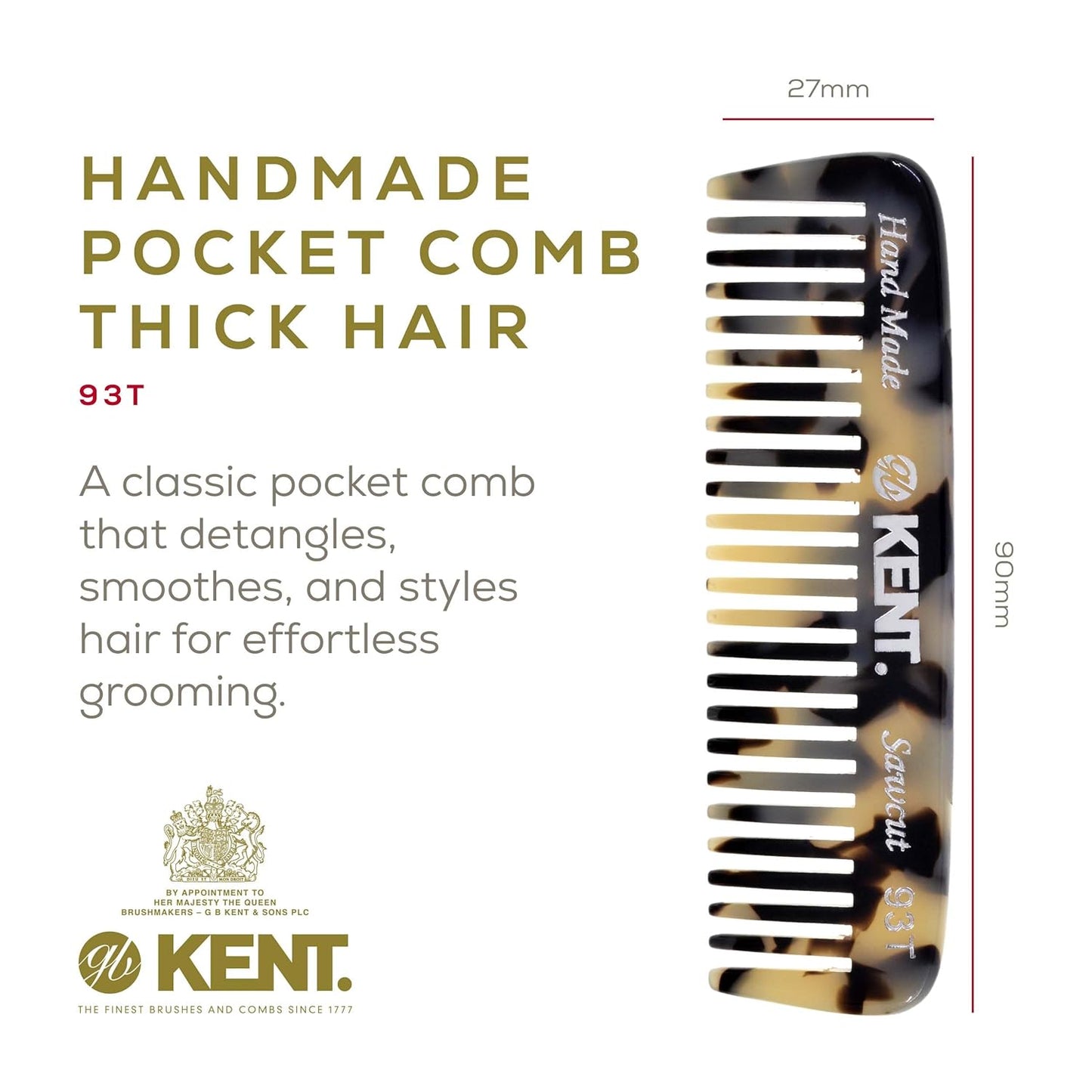 Kent 93T White Tokyo Wide Tooth Small Comb for Men's Mustache and Beard Grooming, Pocket Sized Detangler Travel Comb, Saw-Cut and Polished, Handmade in England