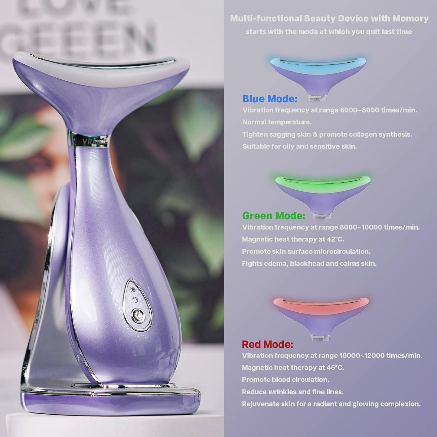 Lily Neck Face Massager, Face Sculpting Tool, Skin Rejuvenation Device with Thermal, Triple Action LED and Vibration, for Anti-Aging, Lifting and Tightening Sagging Skin (Violet)