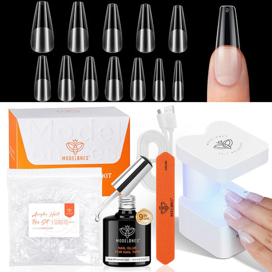 modelones Long Coffin Gel Nail Tips Kit, 9-in-One Nail Glue with Portable U V Lamp 216Pcs 12Sizes Pre-Etched Press ons Fake Acrylic Extension Kit DIY Salon Gift for Women