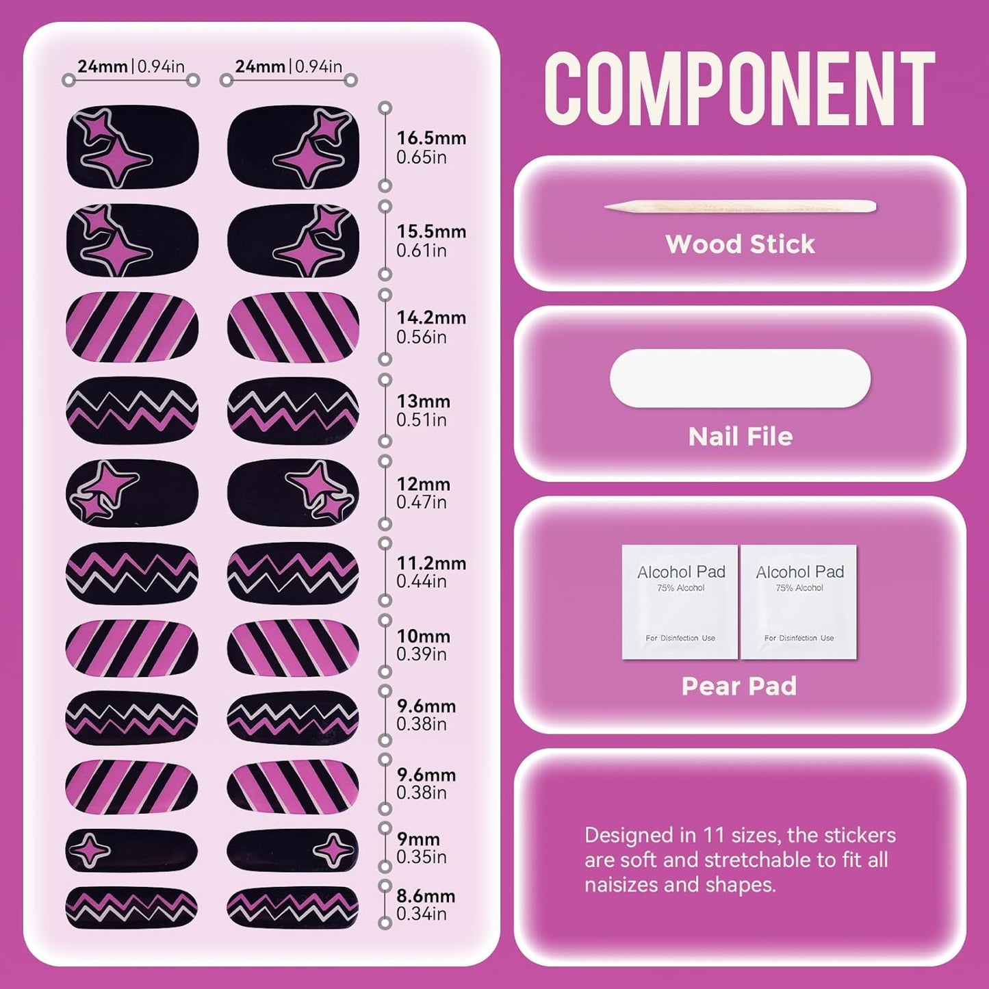 Gloss Nail Strips|Uv Free|22 Pcs,Gel Nail Stickers|Long Lasting Two Weeks and Easy to Apply&Remove|Black Purple Pop