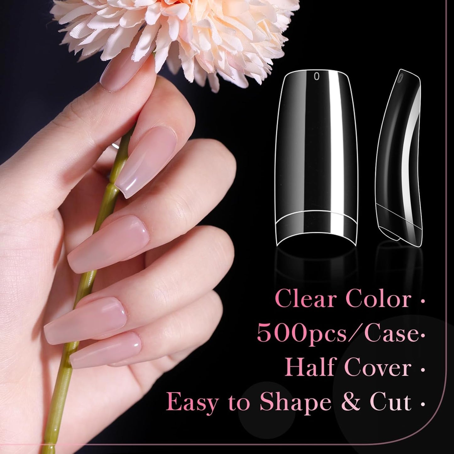krofaue 500PCS Clear False Nails Tips - Half Cover Lady French Style Acrylic Artificial Tip Manicure with Box of 10 Sizes for Nail Tips Art Salons and Home DIY