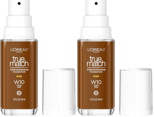 L’Oréal Paris True Match Super-Blendable Foundation, Medium Coverage Liquid Foundation Makeup with SPF 17, W10, Deep, 1 Fl Oz (Pack of 2)