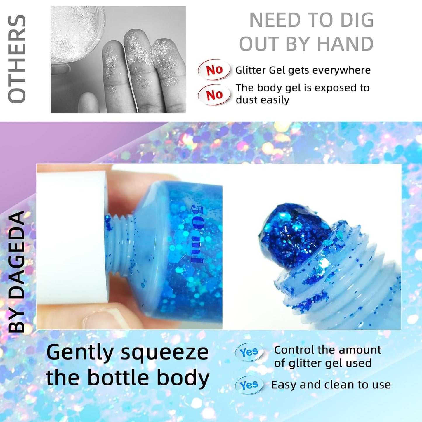 DAGEDA Body Glitter Gel, Face Glitters Body Gel Sequins Shimmer Liquid Eyeshadow, Chunky Glitter for Face Hair Nails, Holographic Cosmetic Laser Powder Festival Glitter Makeup 50ml(Blue)